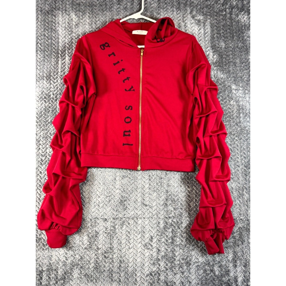 Gritty Soul Cropped Hoodie Women Medium Red Stretch Preppy Ruffled Sleeve Zip Up